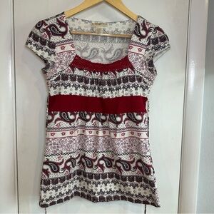 Self Esteem Y2K Tie Back Babydoll Top. Red/Cream Paisley. Size: Small.